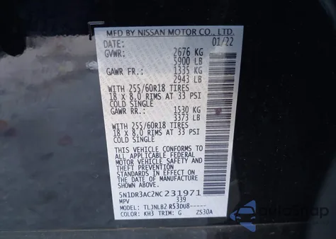 2022 Nissan Pathfinder S 4Wd z USA, uszkodzony, nr VIN 5N1DR3AC2NC231971